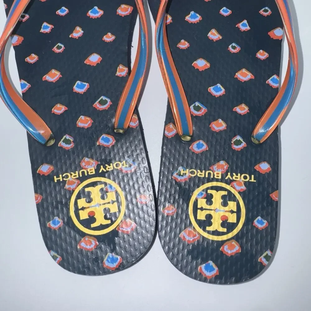 Tory Burch Navy Orange Blue Printed Logo Flip Flops Women’s Sandals